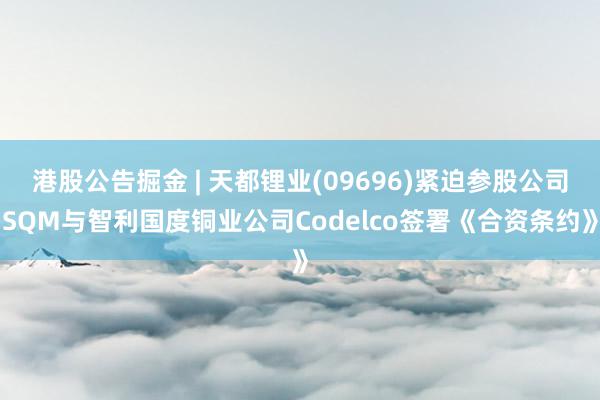 港股公告掘金 | 天都锂业(09696)紧迫参股公司SQM与智利国度铜业公司Codelco签署《合资条约》